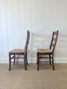 A Set of 6 Vintage Country English Oak Dining Chairs With Rush Seats