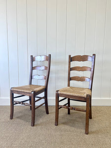 A Set of 6 Vintage Country English Oak Dining Chairs With Rush Seats