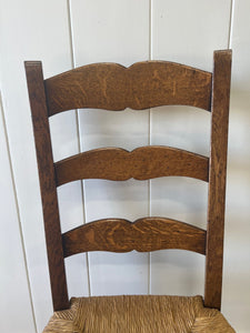 A Set of 6 Vintage Country English Oak Dining Chairs With Rush Seats