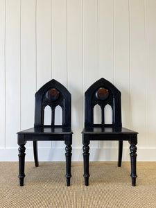 A Pair of Antique Painted English Pine 19th Century Hall Chairs