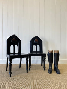A Pair of Antique Painted English Pine 19th Century Hall Chairs