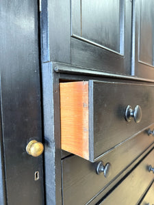 A Large 19th Century English Pine Ebonized Linen Press Wardrobe Cupboard