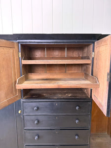 A Large 19th Century English Pine Ebonized Linen Press Wardrobe Cupboard
