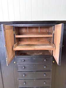 A Large 19th Century English Pine Ebonized Linen Press Wardrobe Cupboard