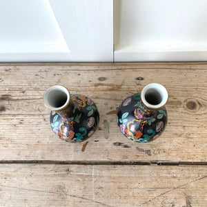 A Pair of Antique Hand Painted Black Vases with Beautiful Floral Chinoiserie Motif