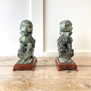 Pair of Vintage Chinese Jade Carved Foo Dog Bookends