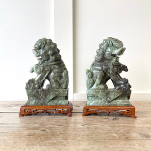 Pair of Vintage Chinese Jade Carved Foo Dog Bookends