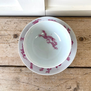 A Chinese Rare Pink Dragon Porcelain Bowl & Plate Contemporary