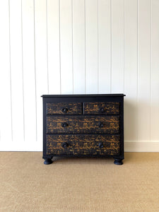 An Antique English Ebonized and Gold Chinoiserie Black Chest of Drawers Dresser c1890