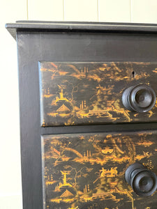 An Antique English Ebonized and Gold Chinoiserie Black Chest of Drawers Dresser c1890