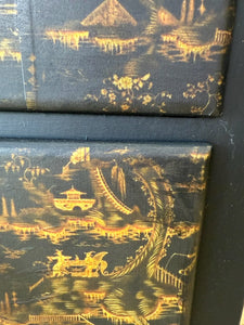 An Antique English Ebonized and Gold Chinoiserie Black Chest of Drawers Dresser c1890