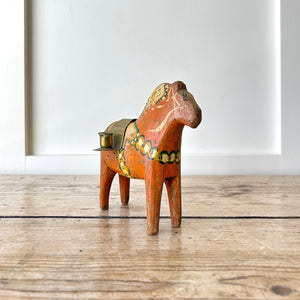Antique Hand Painted Swedish Dala Horse Candle Holder