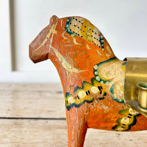 Antique Hand Painted Swedish Dala Horse Candle Holder