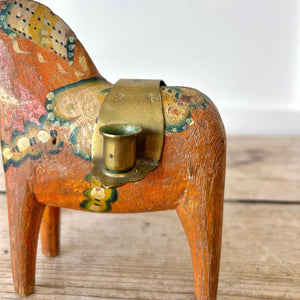 Antique Hand Painted Swedish Dala Horse Candle Holder