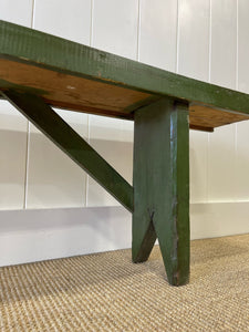 An Antique English Country Pine Painted Green Bench 6.5 Feet Long
