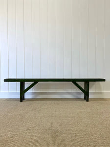 An Antique English Country Pine Painted Green Bench 6.5 Feet Long