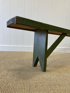 An Antique English Country Pine Painted Green Bench 6.5 Feet Long