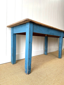 Wonderful Antique Narrow Console Table with Blue Painted Base