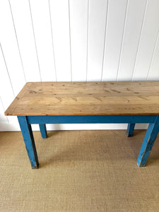 Wonderful Antique Narrow Console Table with Blue Painted Base