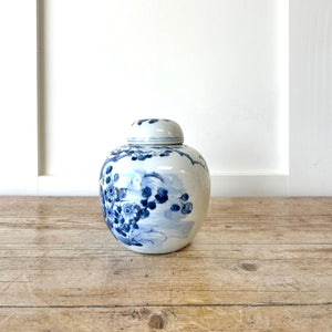 Chinese Ginger Jar & Cover Blue White Porcelain Bird CHINA Marks Qing 19th C.