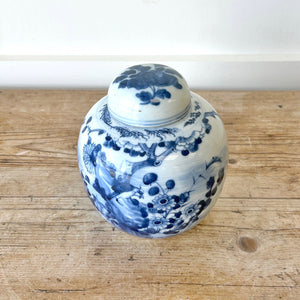 Chinese Ginger Jar & Cover Blue White Porcelain Bird CHINA Marks Qing 19th C.