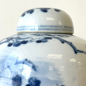 Chinese Ginger Jar & Cover Blue White Porcelain Bird CHINA Marks Qing 19th C.
