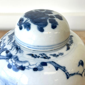 Chinese Ginger Jar & Cover Blue White Porcelain Bird CHINA Marks Qing 19th C.