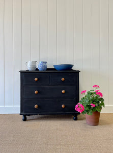 A Low English Ebonized Black Chest of Drawers Dresser with Contrasting Knobs c1890
