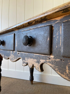 An English Pine Console or Work Table with Scalloped Apron c1870 and Old Paint