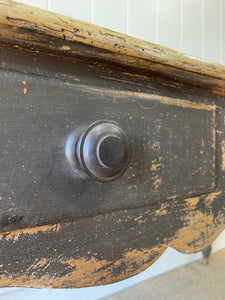 An English Pine Console or Work Table with Scalloped Apron c1870 and Old Paint