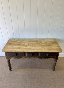 An English Pine Console or Work Table with Scalloped Apron c1870 and Old Paint