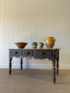 An English Pine Console or Work Table with Scalloped Apron c1870 and Old Paint