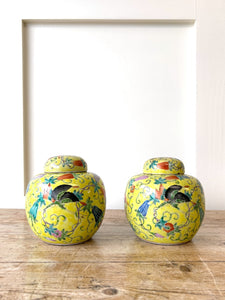 Antique Chinese C1900 Qing or Republic Yellow Famille Rose Butterfly Jar Pair