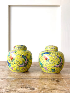 Antique Chinese C1900 Qing or Republic Yellow Famille Rose Butterfly Jar Pair