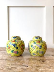 Antique Chinese C1900 Qing or Republic Yellow Famille Rose Butterfly Jar Pair