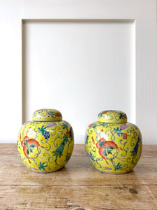 Antique Chinese C1900 Qing or Republic Yellow Famille Rose Butterfly Jar Pair