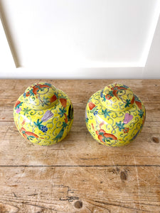 Antique Chinese C1900 Qing or Republic Yellow Famille Rose Butterfly Jar Pair