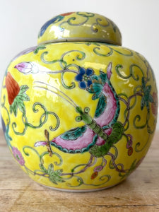 Antique Chinese C1900 Qing or Republic Yellow Famille Rose Butterfly Jar Pair
