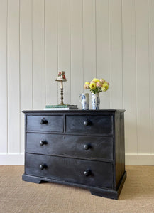 A Low English Ebonized Black Chest of Drawers Dresser with Wooden Knobs c1890