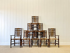 A Vintage Set of 8 English Oak Ladder Back Chairs with 2 Captain's Chairs
