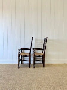 A Vintage Set of 8 English Oak Ladder Back Chairs with 2 Captain's Chairs