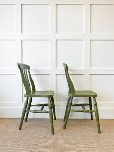 A Pair of 2 Vintage Slatback Chairs in Khaki Green