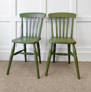 A Pair of 2 Vintage Slatback Chairs in Khaki Green