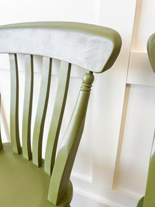 A Pair of 2 Vintage Slatback Chairs in Khaki Green