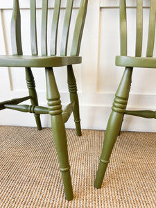 A Pair of 2 Vintage Slatback Chairs in Khaki Green