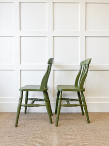 A Pair of 2 Vintage Slatback Chairs in Khaki Green