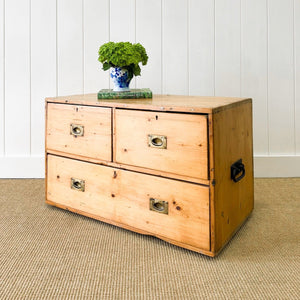 An Antique Low English Pine Chest of Drawers or Bank of Drawers with Campaign Brasses c1890