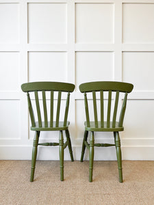 A Pair of 2 Vintage Slatback Chairs in Khaki Green