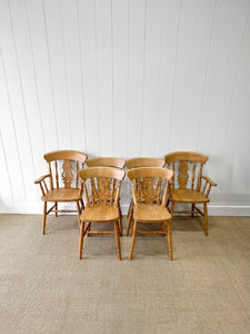 A Set of 6 Vintage English Pine Fiddleback Chairs