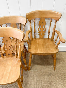 A Set of 6 Vintage English Pine Fiddleback Chairs